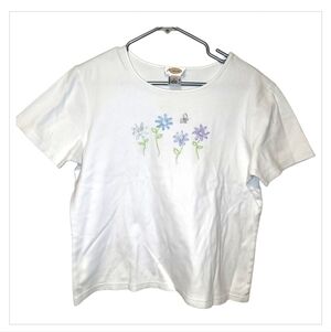 Talbots Womens Large White Floral Embroidered Tee Cotton Short Sleeve Top